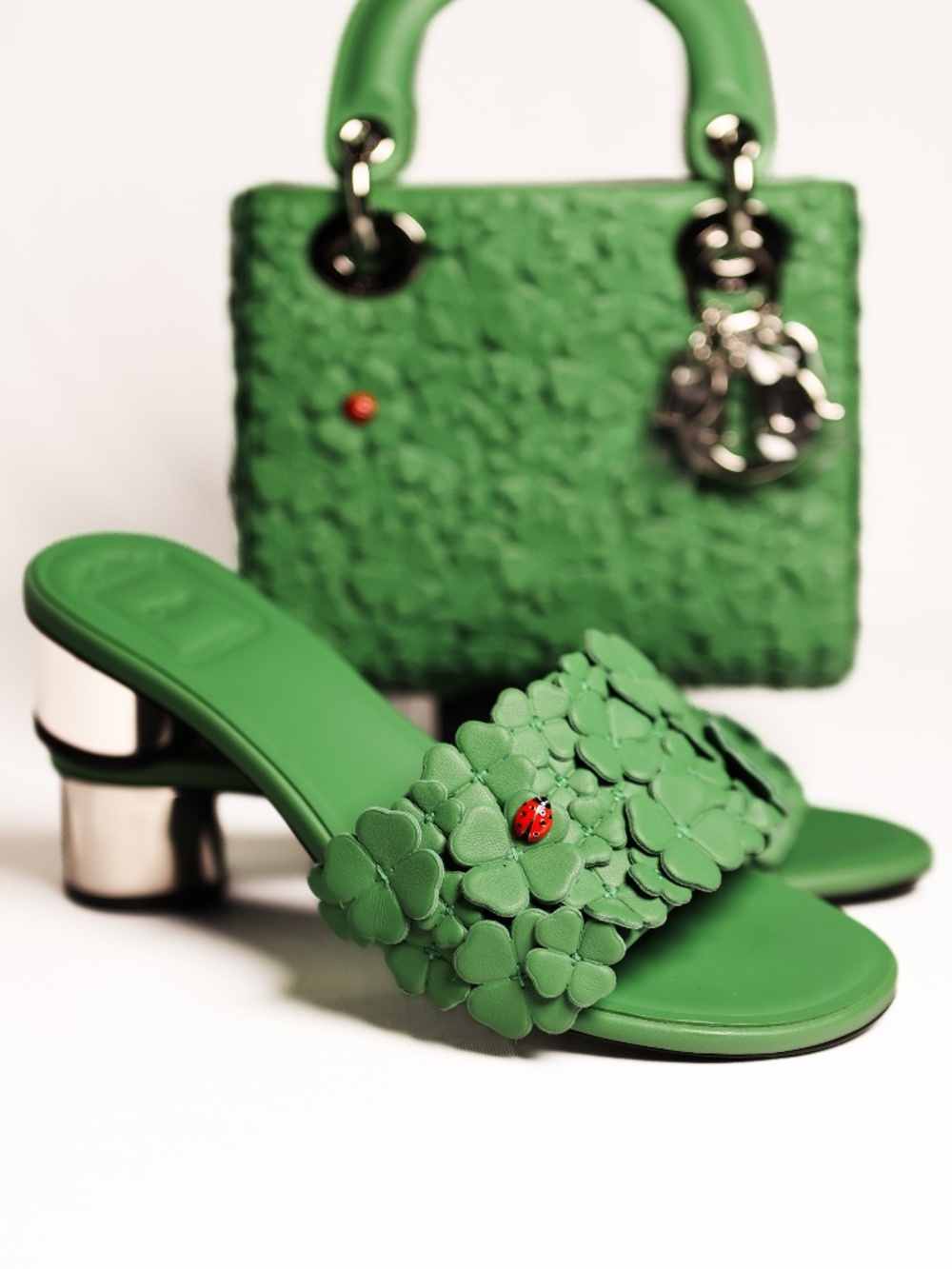 Dior Bloom Heeled Slide Green Dior Clover Embroidered Lambskin 37.5 - Picture 7 of 8